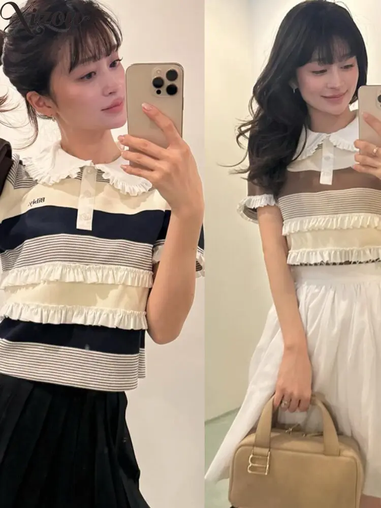 Striped Spliced Knit Top Doll Collar Ruffle Trim Short Sleeve Japanese Korean Casual Pullover Summer Women Top 2026 Polo Sweater
Striped Spliced Knit Top Doll Collar Ruffle Trim Short Sleeve Japanese Korean Casual Pullover Summer Women Top 2026 Polo Sweater