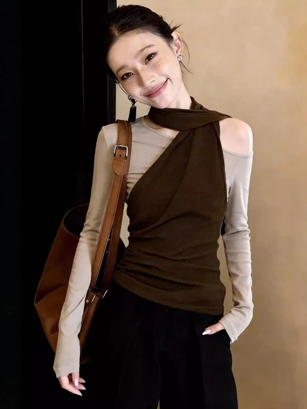 Retro Coffee Long Sleeve T-Shirt Women's Spring New Design Sensation Slim Fit Shoulder Exposure Base Top with Sash
Retro Coffee Long Sleeve T-Shirt Women's Spring New Design Sensation Slim Fit Shoulder Exposure Base Top with Sash