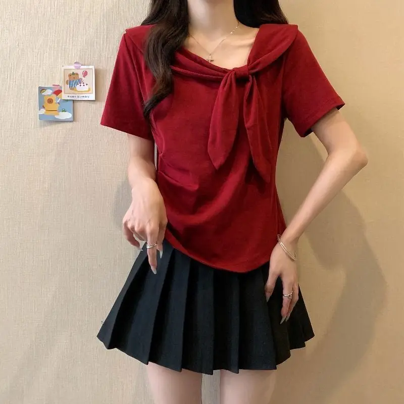 Summer Large-size Women's Clothing New Solid-color Thin and Meat-covering Irregular Navy Collar Bow Short-sleeved T-shirt
Summer Large-size Women's Clothing New Solid-color Thin and Meat-covering Irregular Navy Collar Bow Short-sleeved T-shirt