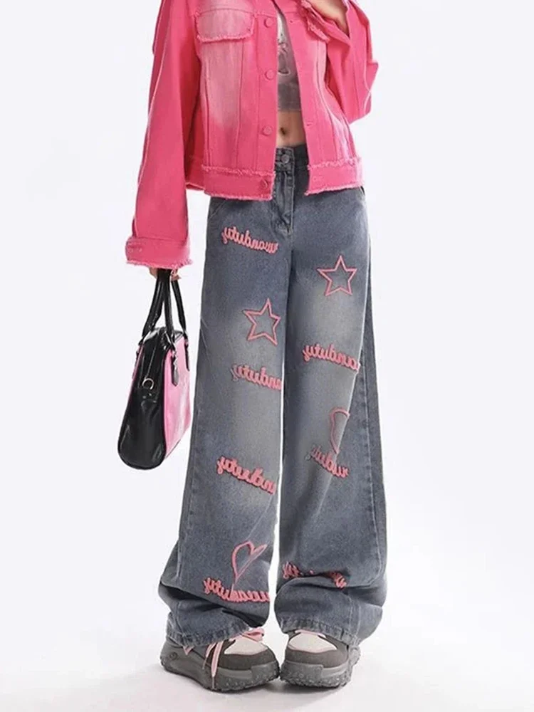 Spring Women's Retro High Street Jeans American Classic Loose Fit Pink Letter Embroidery Women High Waisted Wide Leg Jeans
Spring Women's Retro High Street Jeans American Classic Loose Fit Pink Letter Embroidery Women High Waisted Wide Leg Jeans