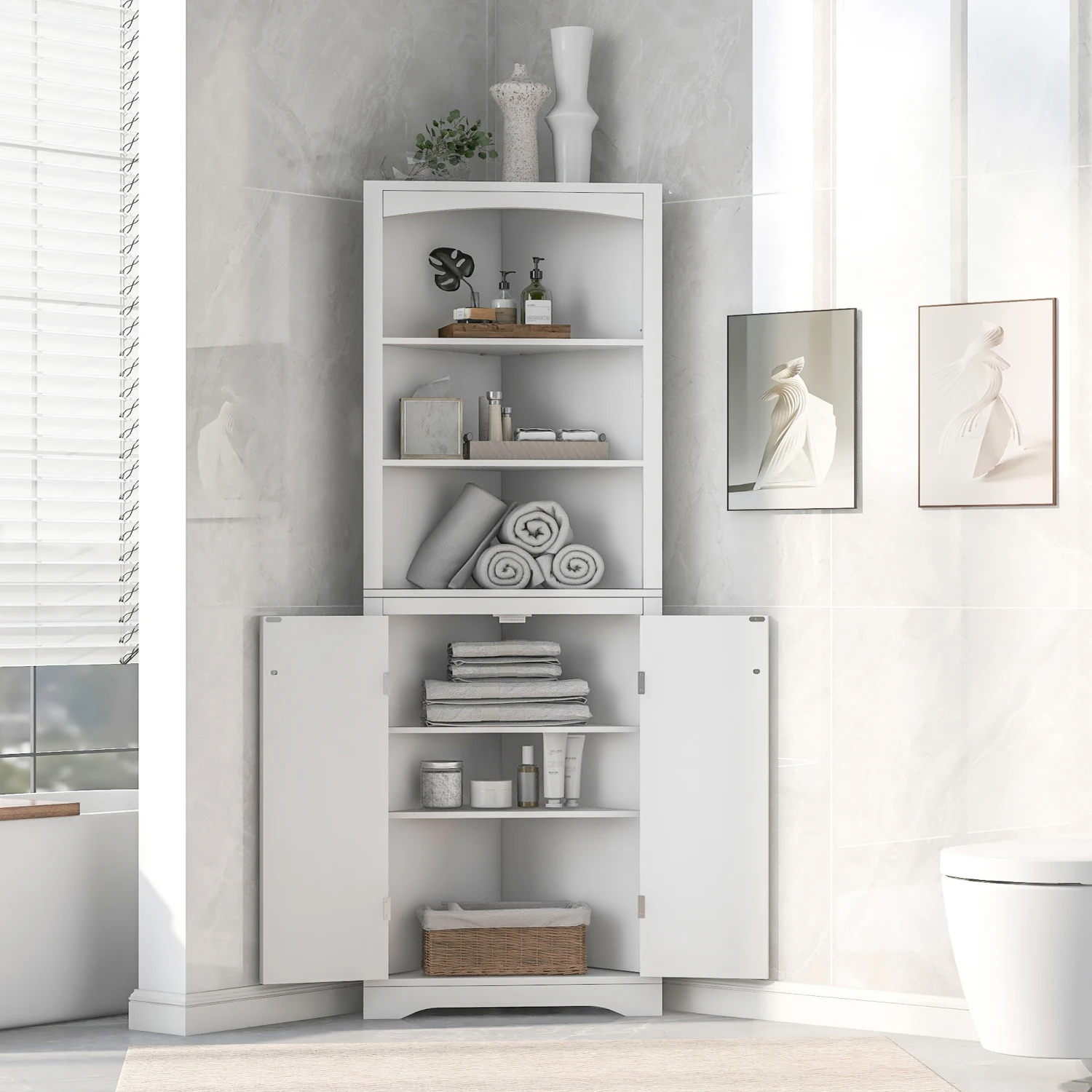 White Bathroom Storage Corner Cabinet with Adjustable Shelves and Doors, Multi-Functional Tall Storage Cabinet for Kitchen, Livi
White Bathroom Storage Corner Cabinet with Adjustable Shelves and Doors, Multi-Functional Tall Storage Cabinet for Kitchen, Livi
