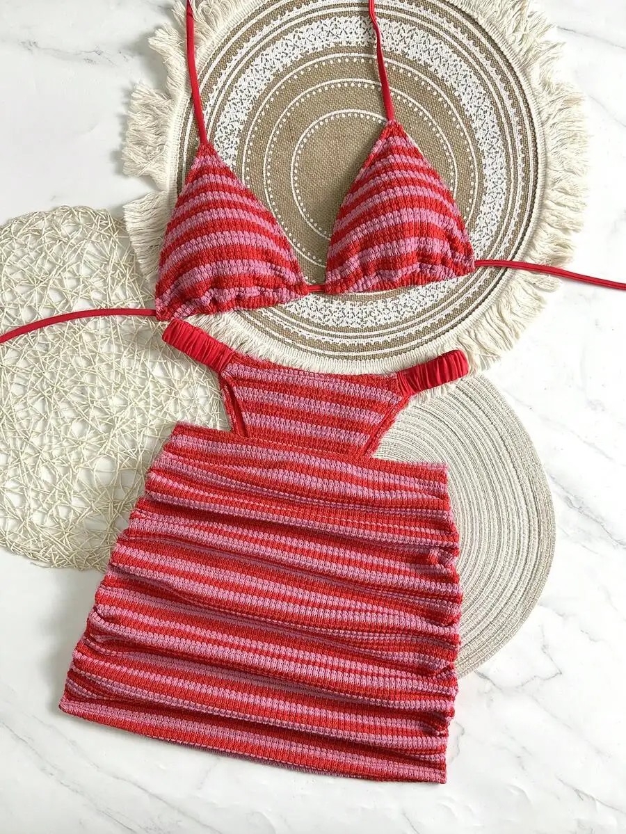 Womens 3-Piece Striped Knit Bikini Set Red For Beach Pool Vacation
Womens 3-Piece Striped Knit Bikini Set Red For Beach Pool Vacation