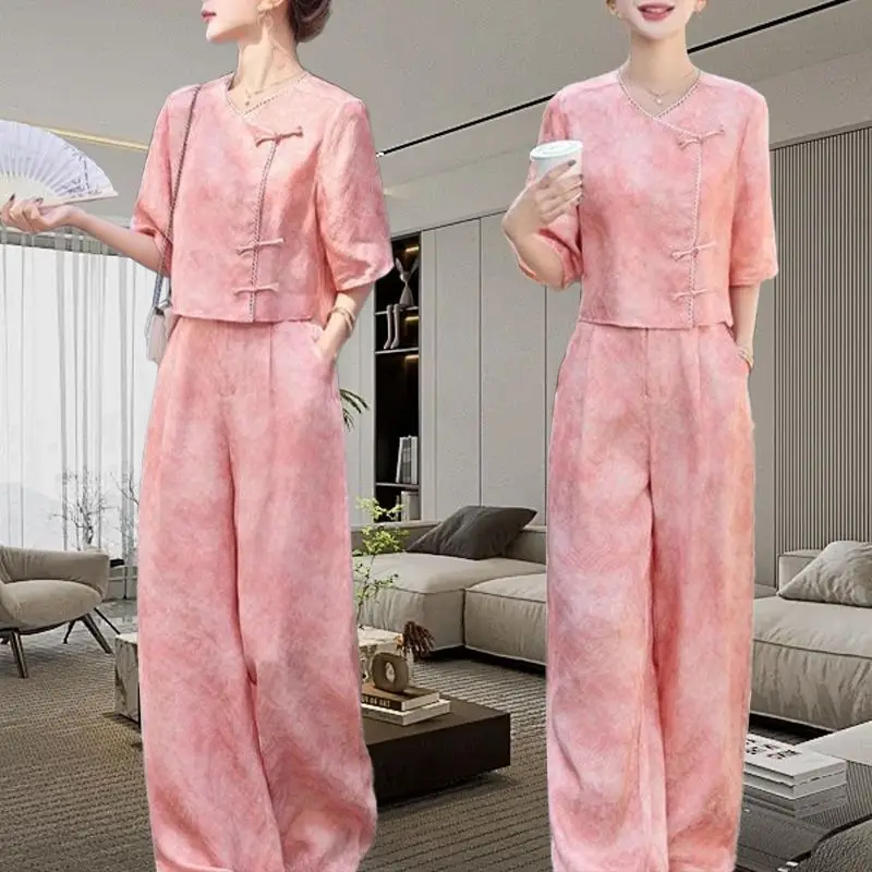 Модный и повседневный комплект Cheongsam для похудения, весенне-летний новый стиль, широкие брюки в китайском стиле в стиле ретро, комплект из двух предметов 
Модный и повседневный комплект Cheongsam для похудения, весенне-летний новый стиль, широкие брюки в китайском стиле в стиле ретро, комплект из двух предметов