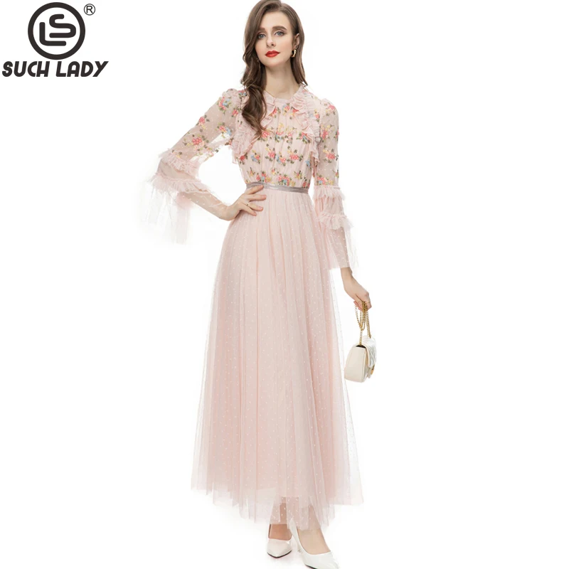 Women's Runway Dresses O Neck Long Sleeves Patchwork Embroidery Ruffles A Line Mesh Elegant Party Prom Vestidos
Women's Runway Dresses O Neck Long Sleeves Patchwork Embroidery Ruffles A Line Mesh Elegant Party Prom Vestidos