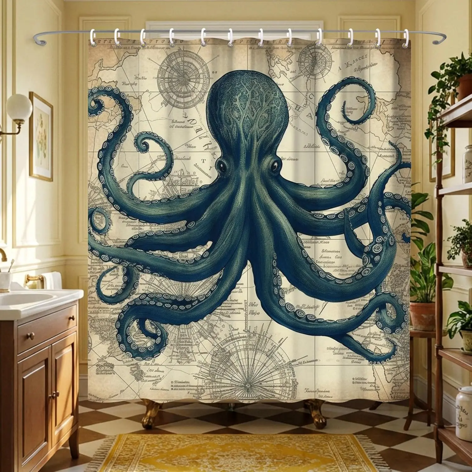 Vintage Nautical Map With Giant Blue Octopus Tentacles Ocean Adventure Print Decorative Shower Curtain
Vintage Nautical Map With Giant Blue Octopus Tentacles Ocean Adventure Print Decorative Shower Curtain