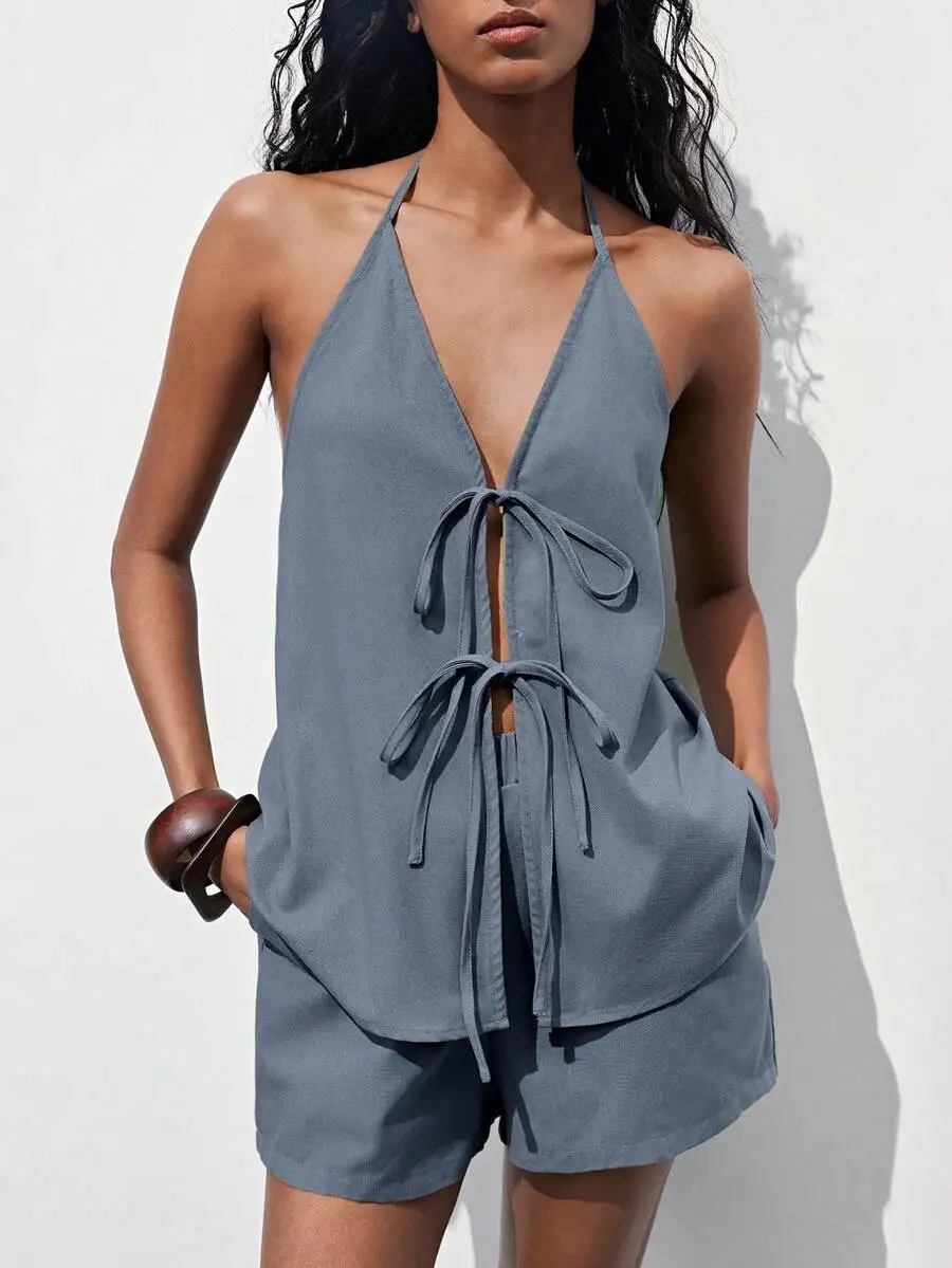 Women Solid Front Tie Halter Top And Shorts Set Casual Beach Bohemian Summer Outfit
Women Solid Front Tie Halter Top And Shorts Set Casual Beach Bohemian Summer Outfit