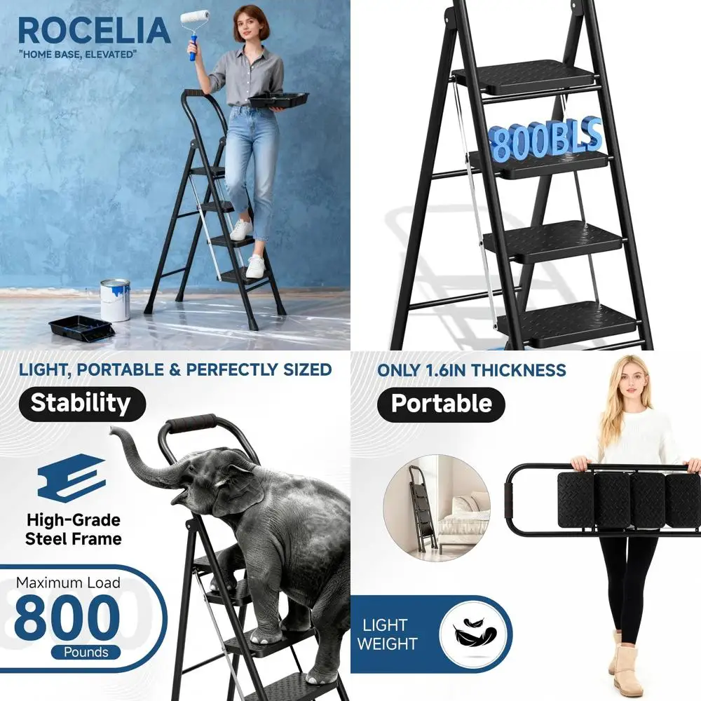 Folding Step Ladder with Anti-Slip Treads, Rubber Feet, Handrail, Safe-Lock Mechanism, Portable for Various Uses, 800lb Capacity
Folding Step Ladder with Anti-Slip Treads, Rubber Feet, Handrail, Safe-Lock Mechanism, Portable for Various Uses, 800lb Capacity