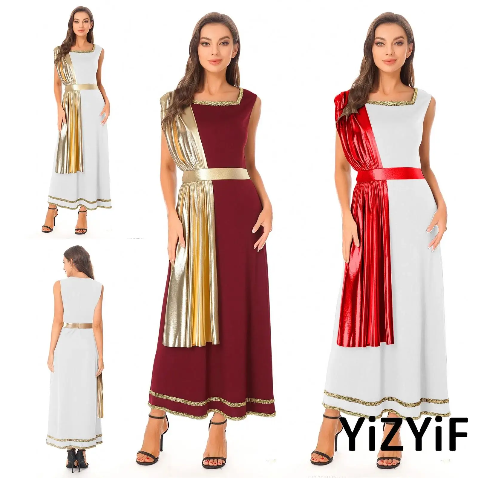 Womens Ancient Greek Roman Tunic Dress Square Neck Sleeveless Gold Trim Onepiece Metallic Shiny Drape Robe for Halloween Cosplay
Womens Ancient Greek Roman Tunic Dress Square Neck Sleeveless Gold Trim Onepiece Metallic Shiny Drape Robe for Halloween Cosplay