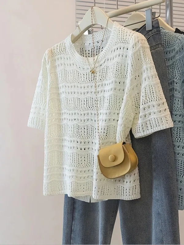Women's Hollow out Knitted Short Sleeve T-Shirt Summer plus Size Loose Fit round Neck Top Layering Shirt Korean Style
Women's Hollow out Knitted Short Sleeve T-Shirt Summer plus Size Loose Fit round Neck Top Layering Shirt Korean Style