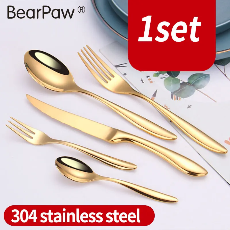 1 комплект посуды премиум-класса из нержавеющей стали 304, ножи для стеков, обеденные вилки, настольные ложки и чайные ложки для изысканной западной столовой 
1 комплект посуды премиум-класса из нержавеющей стали 304, ножи для стеков, обеденные вилки, настольные ложки и чайные ложки для изысканной западной столовой