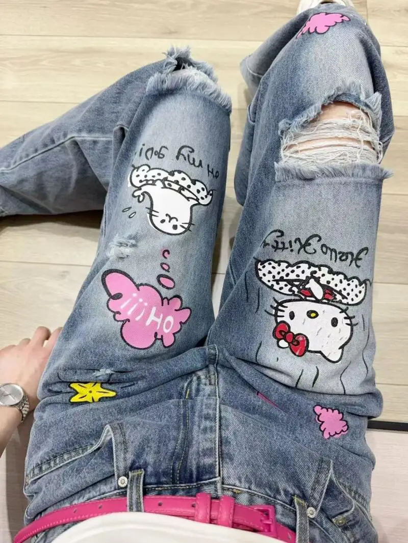 Джинсы Sanrio Y2K Hello Kitty, широкие джинсы в американском стиле с принтом в стиле ретро, свободные узкие джинсы, драпированные прямые брюки-полотенца
Джинсы Sanrio Y2K Hello Kitty, широкие джинсы в американском стиле с принтом в стиле ретро, свободные узкие джинсы, драпированные прямые брюки-полотенца