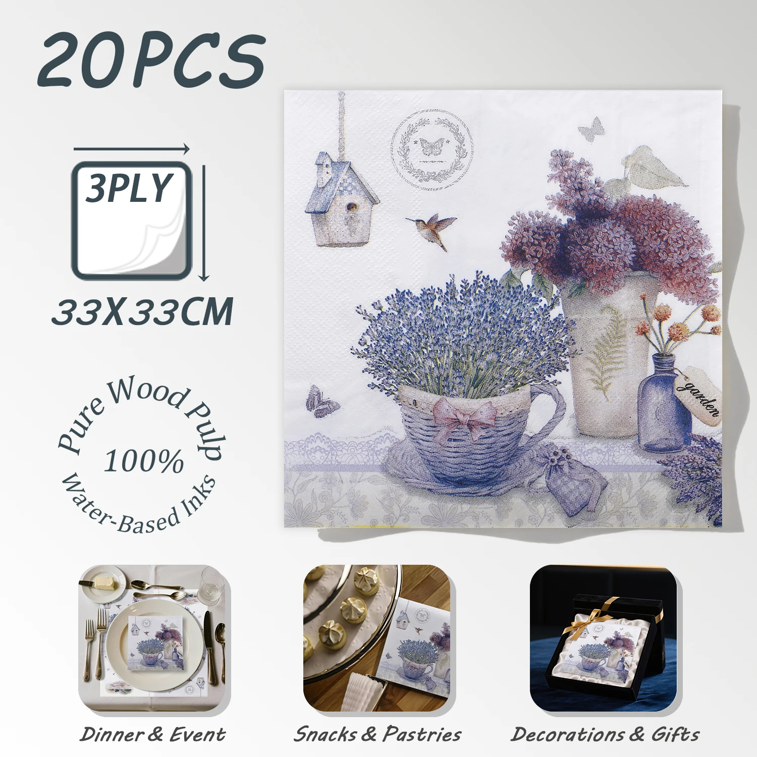 20pcs Lavender Garden Decorative Cocktail Floral Paper Napkins 33x33cm 3Ply Disposable Napkins for Spring Garden Party Decoupage
20pcs Lavender Garden Decorative Cocktail Floral Paper Napkins 33x33cm 3Ply Disposable Napkins for Spring Garden Party Decoupage