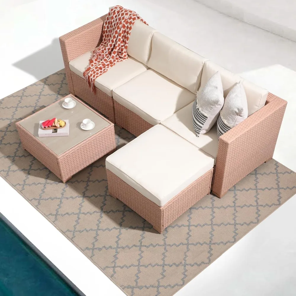 5-piece outdoor terrace furniture set, milky white PE willow branches with comfortable seat cushions
5-piece outdoor terrace furniture set, milky white PE willow branches with comfortable seat cushions