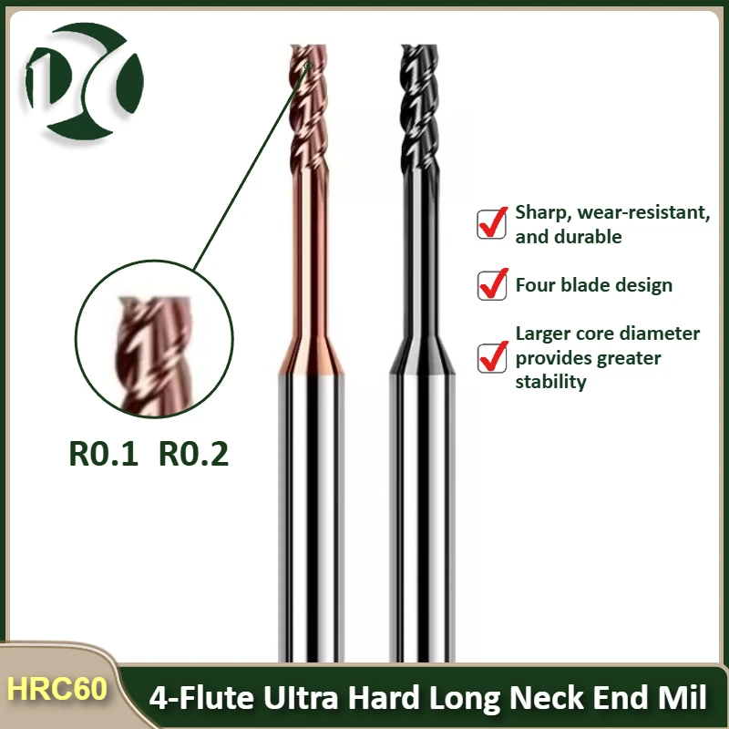 1-3mm 4Flute UItra Hard Long Neck End Mil HRC60 Solid Carbide CNC Tool Ball Nose R0.1/R0.2 for Stainless Steel Deep Slot Milling
1-3mm 4Flute UItra Hard Long Neck End Mil HRC60 Solid Carbide CNC Tool Ball Nose R0.1/R0.2 for Stainless Steel Deep Slot Milling