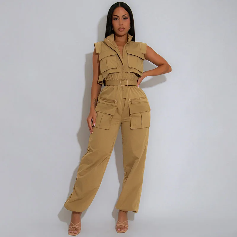 Solid Multi Pockets Cargo Jumpsuits Woman Sleeveless Zipper Turn-down Collar Ruched High Waist One Pieces Romper Casual Overalls 
Solid Multi Pockets Cargo Jumpsuits Woman Sleeveless Zipper Turn-down Collar Ruched High Waist One Pieces Romper Casual Overalls