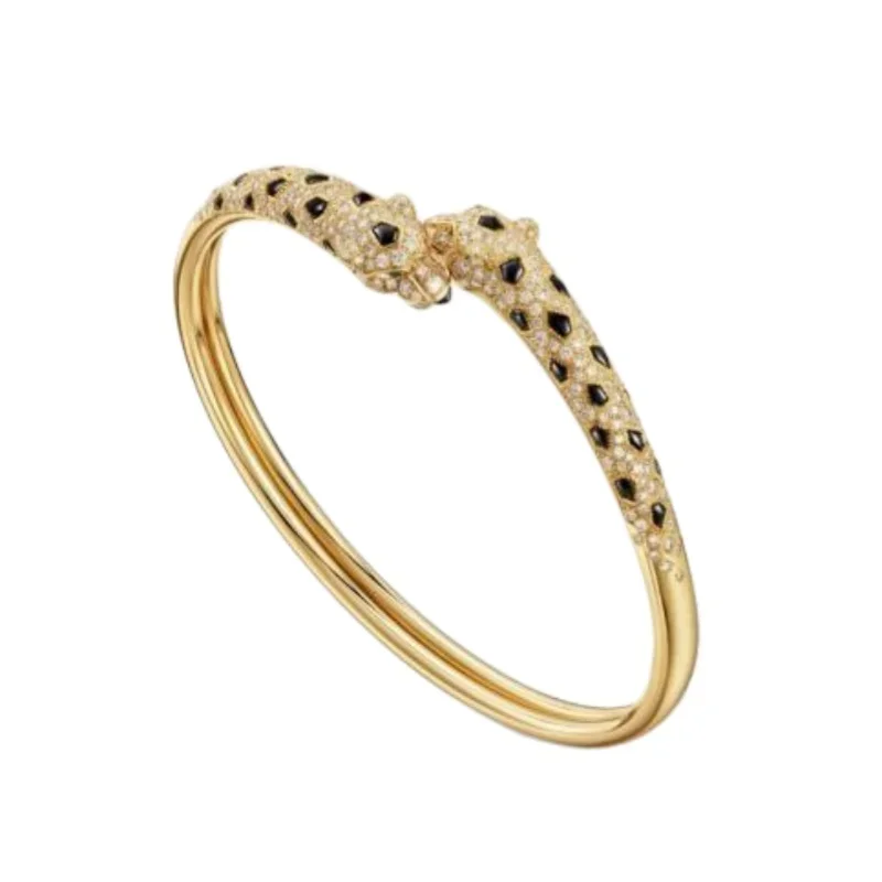 Gold Double Panther Head Bangle with Full Diamond Pavé & Black Enamel Spots
Gold Double Panther Head Bangle with Full Diamond Pavé & Black Enamel Spots