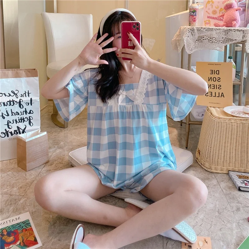 Summer Thin ort Sve Pure Cotton Cute Sweet Home Clothes Floral Lace Plaid Two Piece Set Women's Spwear Comfortable 
Summer Thin ort Sve Pure Cotton Cute Sweet Home Clothes Floral Lace Plaid Two Piece Set Women's Spwear Comfortable