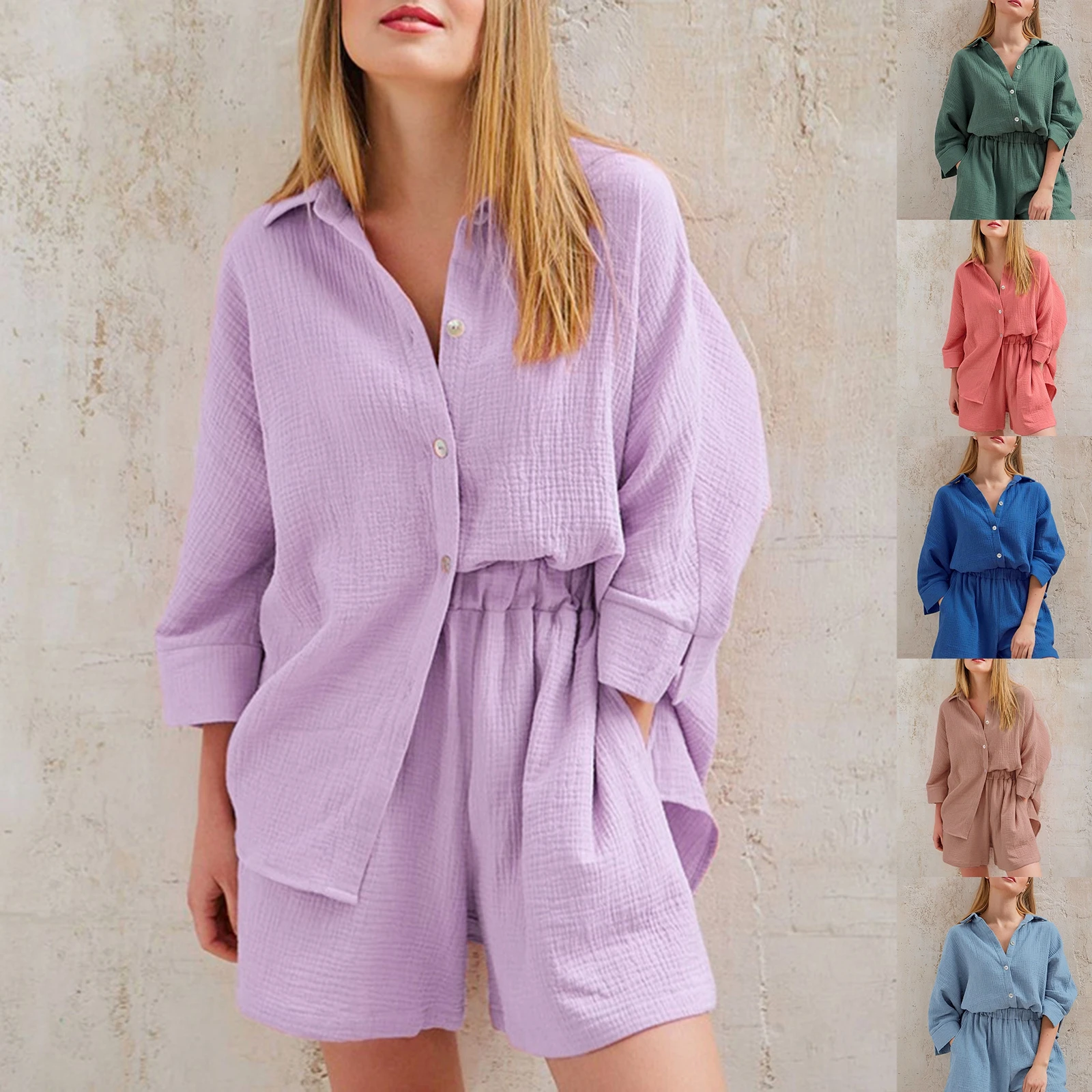 New Women 2Pcs Nightwear Suit Solid Color 3/4 Sleeve Single-Breasted Turn-Down Collar Shirt + Elastic Waist Short Pants Casual
New Women 2Pcs Nightwear Suit Solid Color 3/4 Sleeve Single-Breasted Turn-Down Collar Shirt + Elastic Waist Short Pants Casual