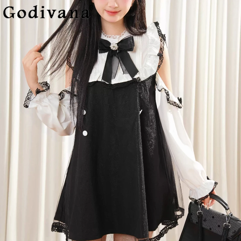 Girls Japanese Lolita Style Bow Dress Off Shoulder Long Sleeve Contrast Dress Women's Lace Patchwork Waist Short Dress
Girls Japanese Lolita Style Bow Dress Off Shoulder Long Sleeve Contrast Dress Women's Lace Patchwork Waist Short Dress
