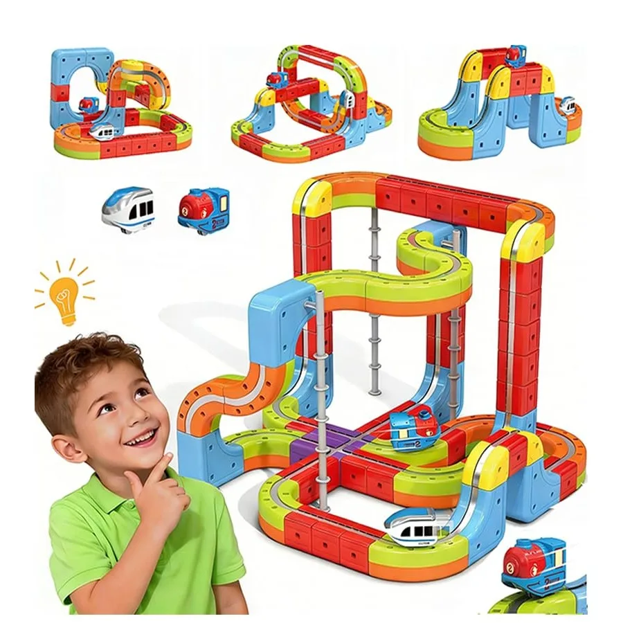 Electric Train Set for STEM Learning: Blue White Trains on 3D Infinity Tracks, DIY Modular Building Blocks Toy for Toddlers
Electric Train Set for STEM Learning: Blue White Trains on 3D Infinity Tracks, DIY Modular Building Blocks Toy for Toddlers