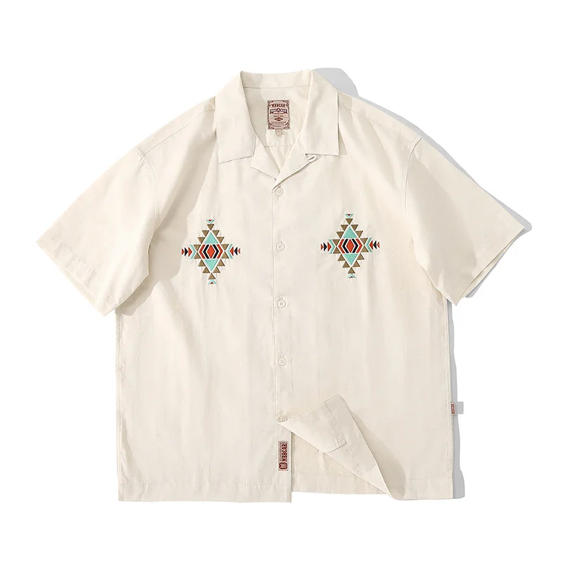 Shirt Men's Camp Collar Short Sleeves White Embroidery Summer Menswear Vintage Clothing
Shirt Men's Camp Collar Short Sleeves White Embroidery Summer Menswear Vintage Clothing