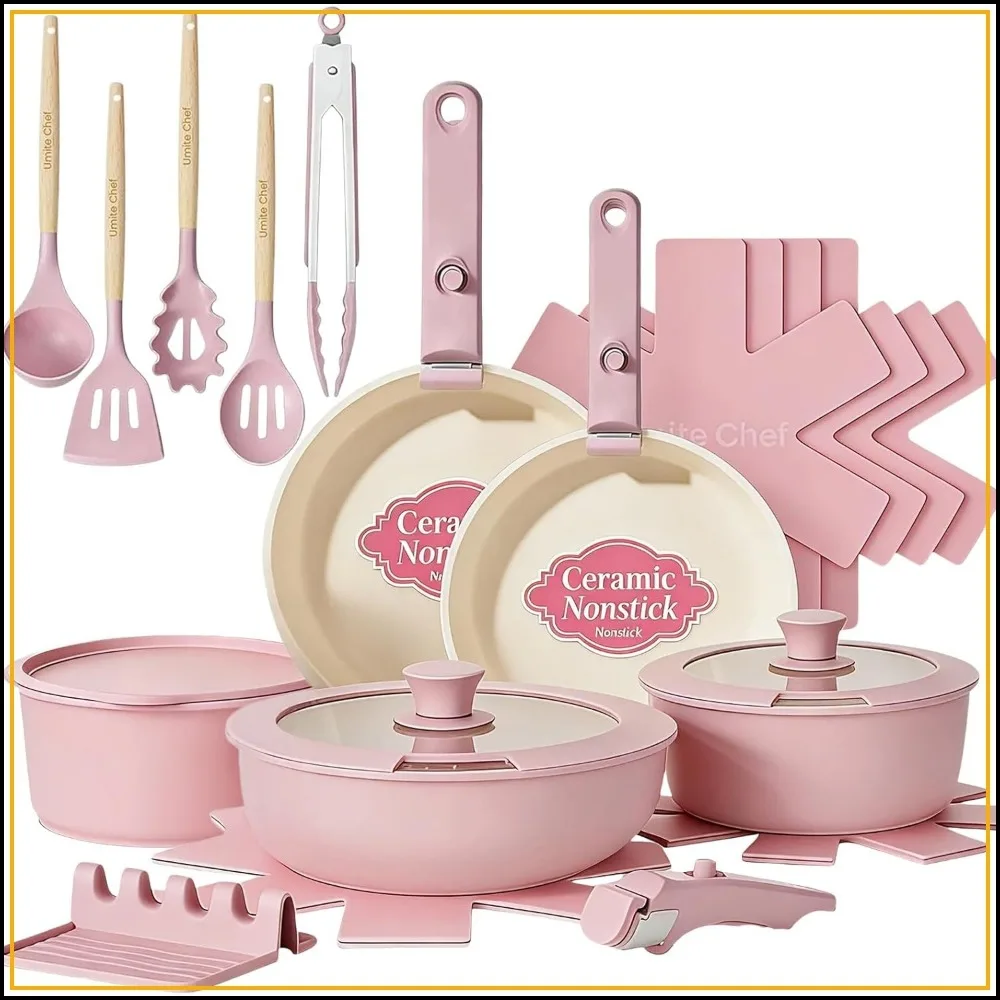 21 Pcs Nonstick Ceramic Cookware Set, Detachable Handles, Stackable, Oven Safe, Induction, PFAS Free, Pink
21 Pcs Nonstick Ceramic Cookware Set, Detachable Handles, Stackable, Oven Safe, Induction, PFAS Free, Pink