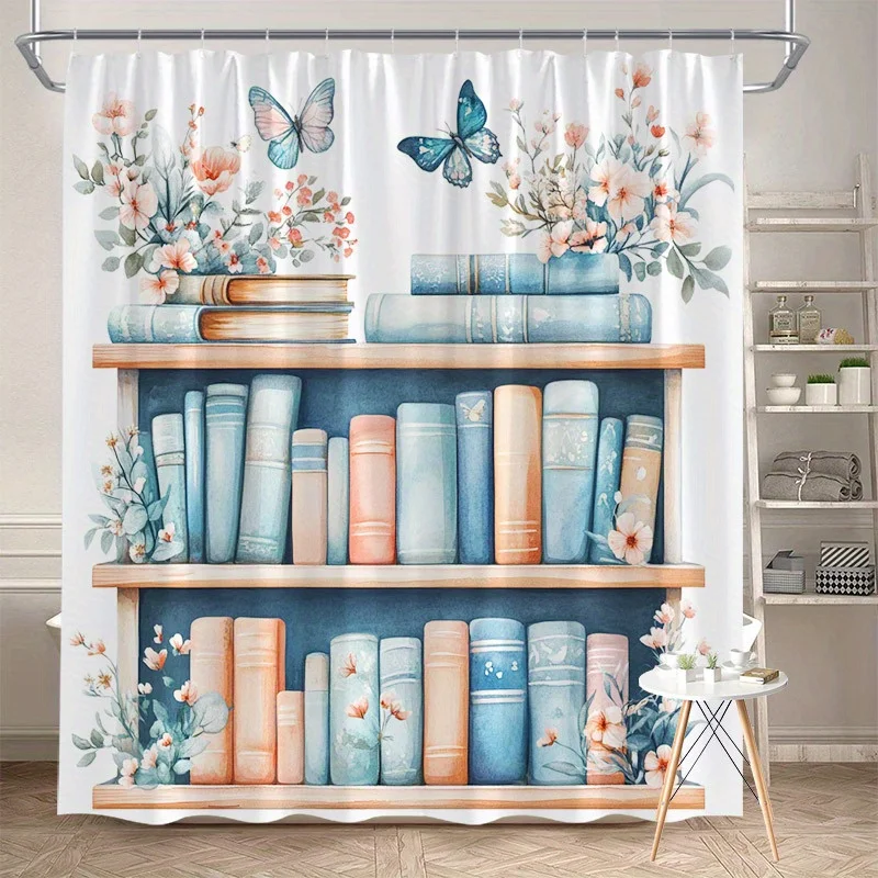 Винтажная занавеска для душа с книжной полкой — акварельная иллюстрация с деревянными полками и розовыми цветами, полиэстер с крючками
Винтажная занавеска для душа с книжной полкой — акварельная иллюстрация с деревянными полками и розовыми цветами, полиэстер с крючками