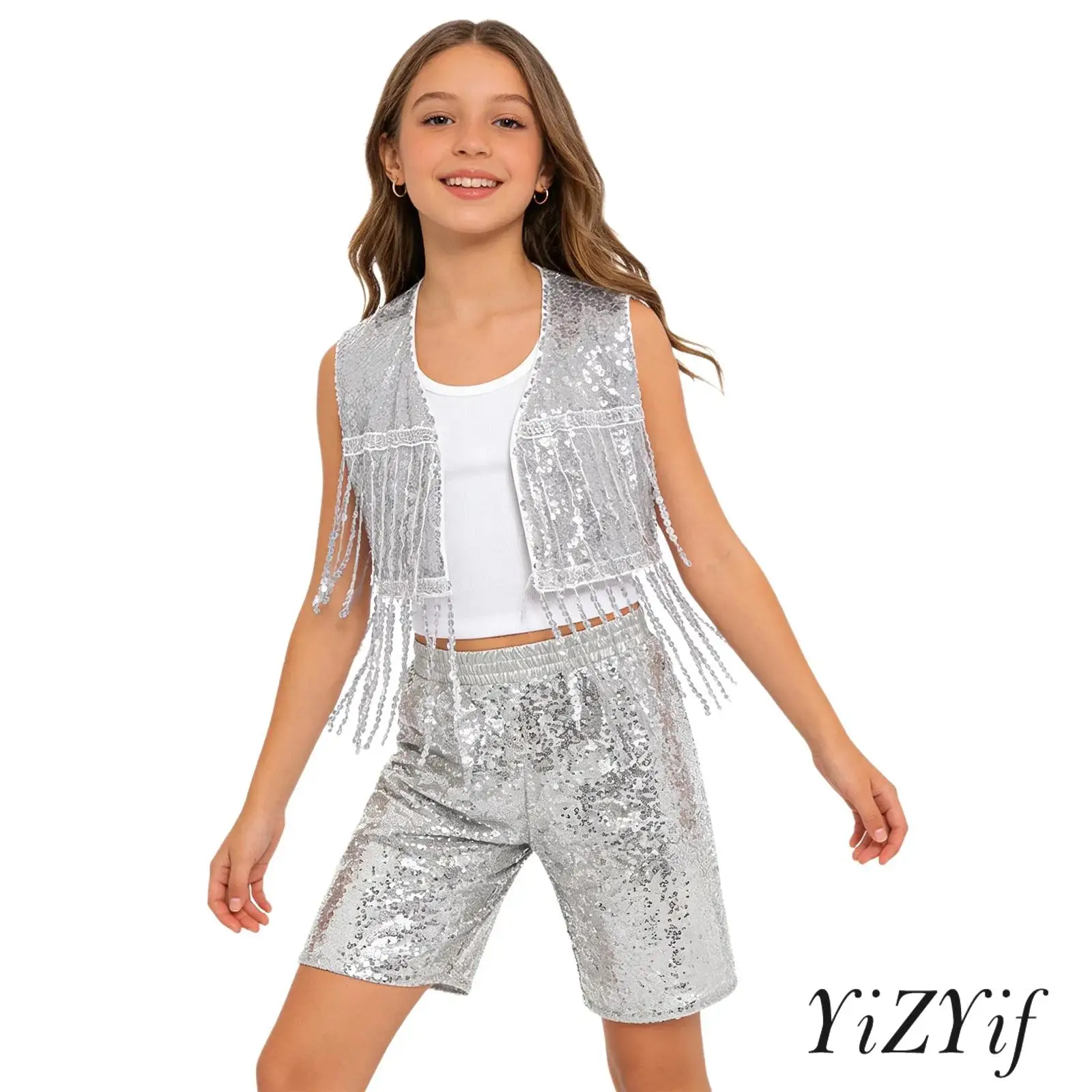 Kids Rock Jazz Performance Dance Outfit Sequined Sleeveless Open Front Tassel Vest and Pocket Shorts for Cheerleading dance
Kids Rock Jazz Performance Dance Outfit Sequined Sleeveless Open Front Tassel Vest and Pocket Shorts for Cheerleading dance
