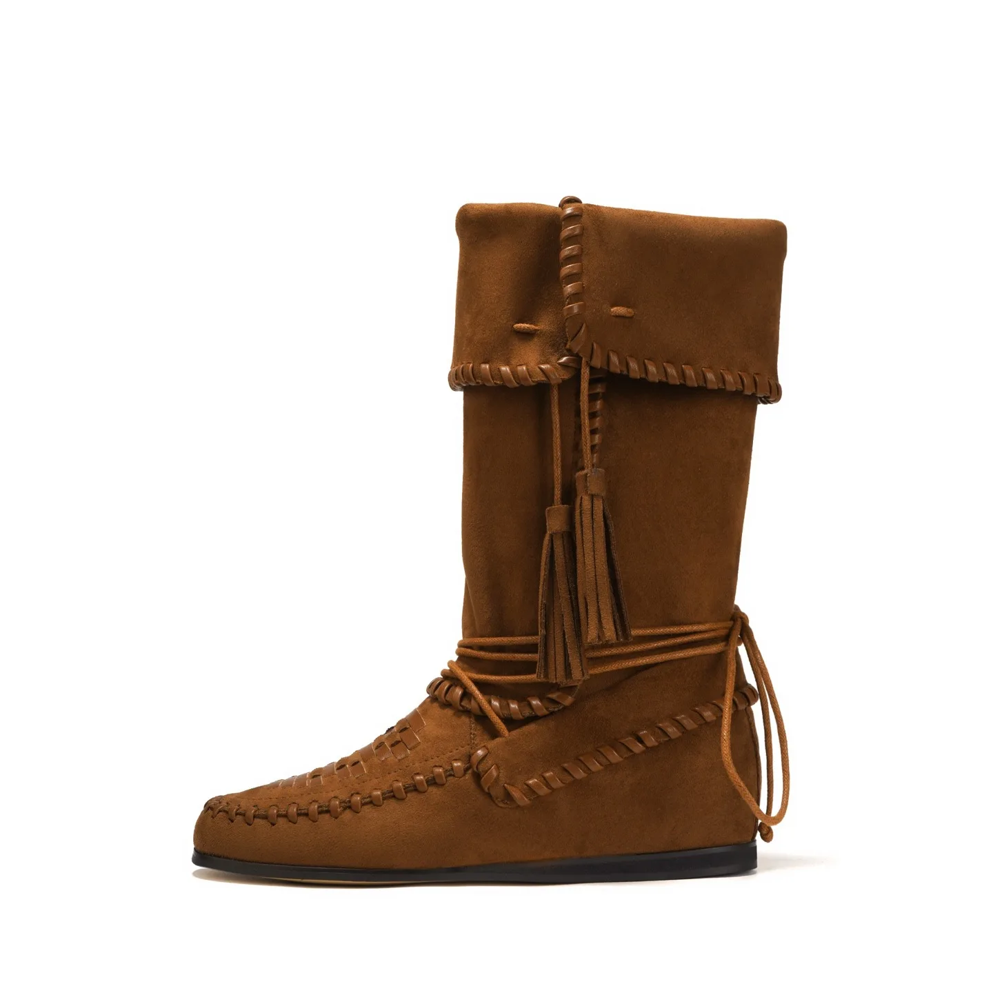 Женские замшевые сапоги до середины икры с бахромой и тканым дизайном, со шнуровкой спереди и складными манжетами, обувь в богемном винтажном стиле на плоском каблуке 
Женские замшевые сапоги до середины икры с бахромой и тканым дизайном, со шнуровкой спереди и складными манжетами, обувь в богемном винтажном стиле на плоском каблуке