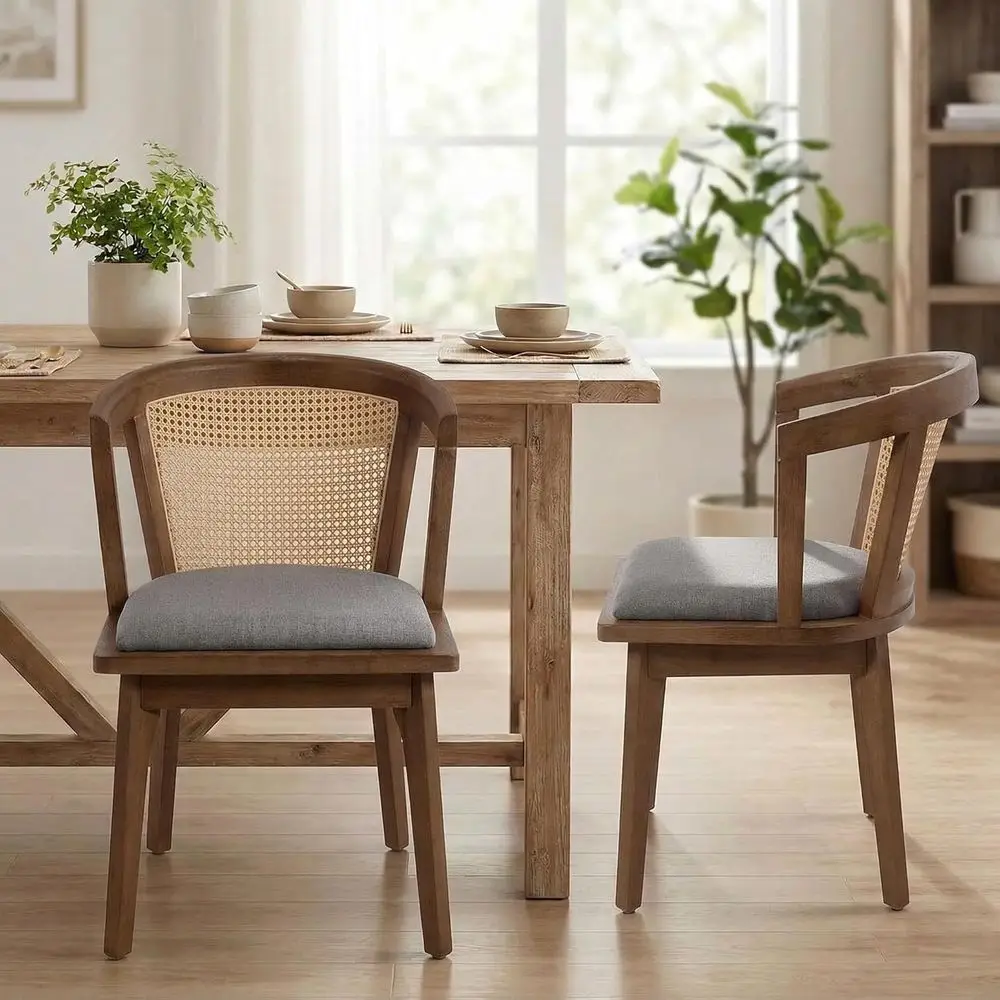 Set of 2 Grey Upholstered Rattan Dining Chairs with Adjustable Footrests and Walnut Wood Legs
Set of 2 Grey Upholstered Rattan Dining Chairs with Adjustable Footrests and Walnut Wood Legs