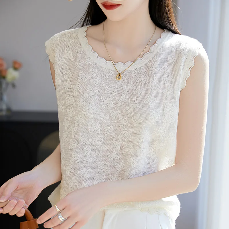 Summer spun wool knitted women's sleeveless Vest casual jacquard butterfly T-shirt round neck loose Tees pullover Tops Blouse
Summer spun wool knitted women's sleeveless Vest casual jacquard butterfly T-shirt round neck loose Tees pullover Tops Blouse