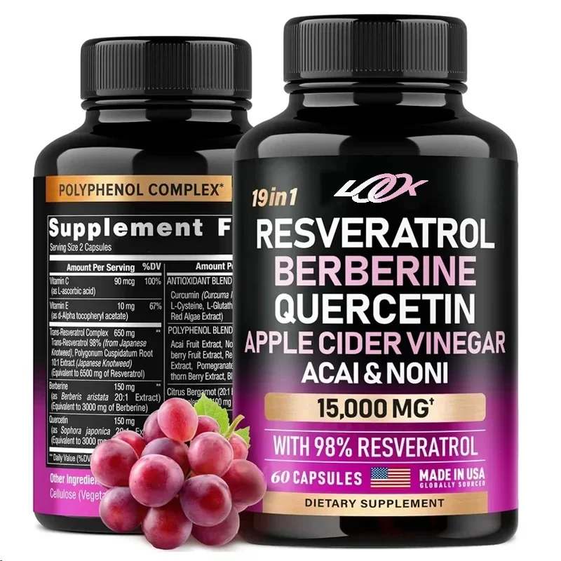 Resveratrol 60 Capsules Supplement 15000mg 19-in-1 Organic Polyphenol Complex Astartate Quercetin Apple Vinegar Antioxidant
Resveratrol 60 Capsules Supplement 15000mg 19-in-1 Organic Polyphenol Complex Astartate Quercetin Apple Vinegar Antioxidant