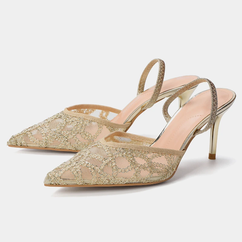 Women's High Heel Mules Gold Pointed Toe Slingback Shoes Shiny Embroidered Mesh Party Pumps Elegant Wedding Guest Sandals
Women's High Heel Mules Gold Pointed Toe Slingback Shoes Shiny Embroidered Mesh Party Pumps Elegant Wedding Guest Sandals