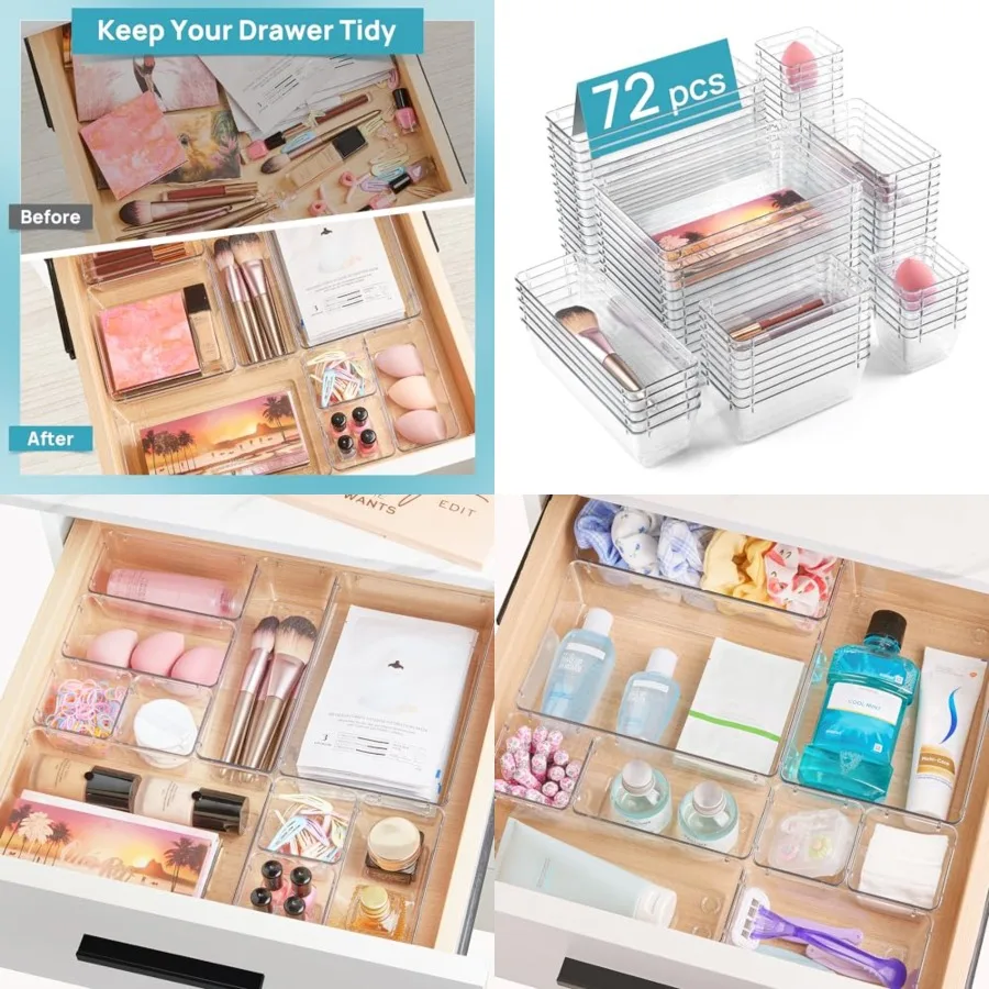 72 PCS Clear Plastic Drawer Organizers Set, 4-Size Versatile Bathroom and Vanity Organizer Trays, Non-Slip Storage Containers for Makeup, Jewelries, Bedroom,Kitchen Utensils and Office
72 PCS Clear Plastic Drawer Organizers Set, 4-Size Versatile Bathroom and Vanity Organizer Trays, Non-Slip Storage Containers for Makeup, Jewelries, Bedroom,Kitchen Utensils and Office