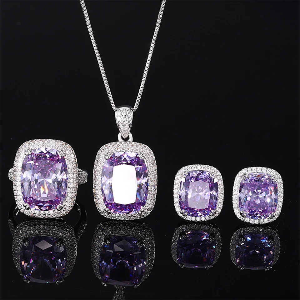 Bird's Nest Cut Purple Simple Set Women 12*16-10*12 Square Cut Purple Gemstone Ring Earring Necklace Set Stainless Steel Jewelry
Bird's Nest Cut Purple Simple Set Women 12*16-10*12 Square Cut Purple Gemstone Ring Earring Necklace Set Stainless Steel Jewelry