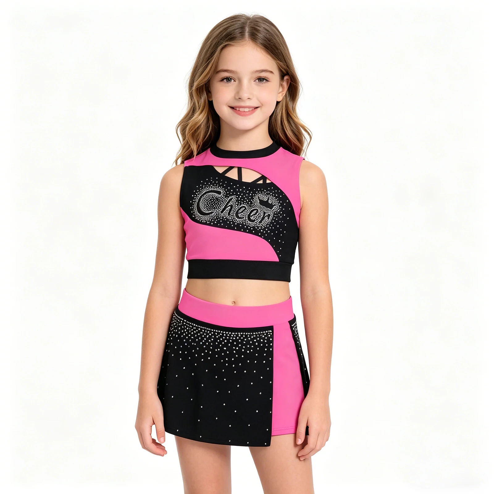 Kids Girls Sparkle Rhinestone Cheerleading Uniform Set Sleeveless Crop Top Skirt Cheer Costume Performance Dance Competition
Kids Girls Sparkle Rhinestone Cheerleading Uniform Set Sleeveless Crop Top Skirt Cheer Costume Performance Dance Competition