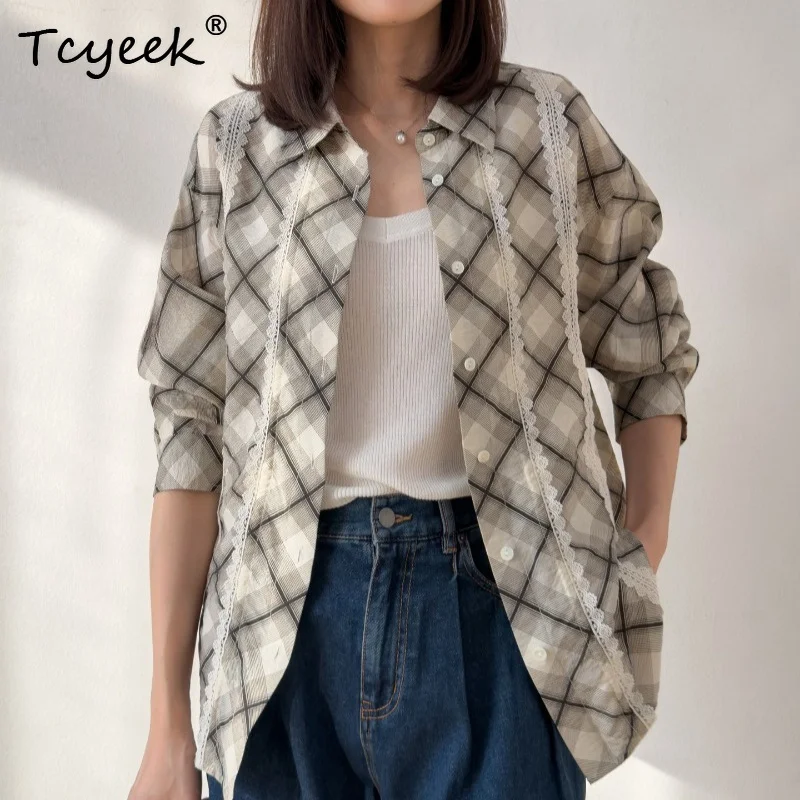 Tcyeek 76% Real Silk Shirts for Women 2026 Spring England Style Plaid Exquisite Lace-edge Blouse Woman Clothing Roupas Femininas
Tcyeek 76% Real Silk Shirts for Women 2026 Spring England Style Plaid Exquisite Lace-edge Blouse Woman Clothing Roupas Femininas
