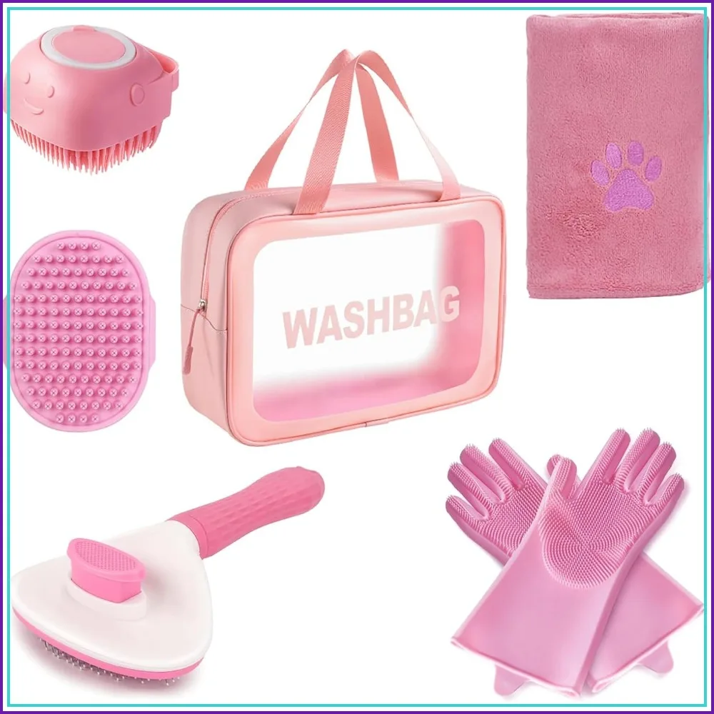 6PCS Dog Washing Kit: Brush, Shampoo Brush, Bath Scrubber, Washing Gloves, 39.7"x20.5" Towel & Bag
6PCS Dog Washing Kit: Brush, Shampoo Brush, Bath Scrubber, Washing Gloves, 39.7"x20.5" Towel & Bag