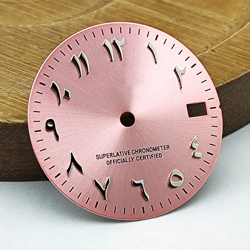 28.5mm NH35 Pink Arab dial no luminous S dial Silver stainless steel convex Arabic dial Watch accessories
28.5mm NH35 Pink Arab dial no luminous S dial Silver stainless steel convex Arabic dial Watch accessories