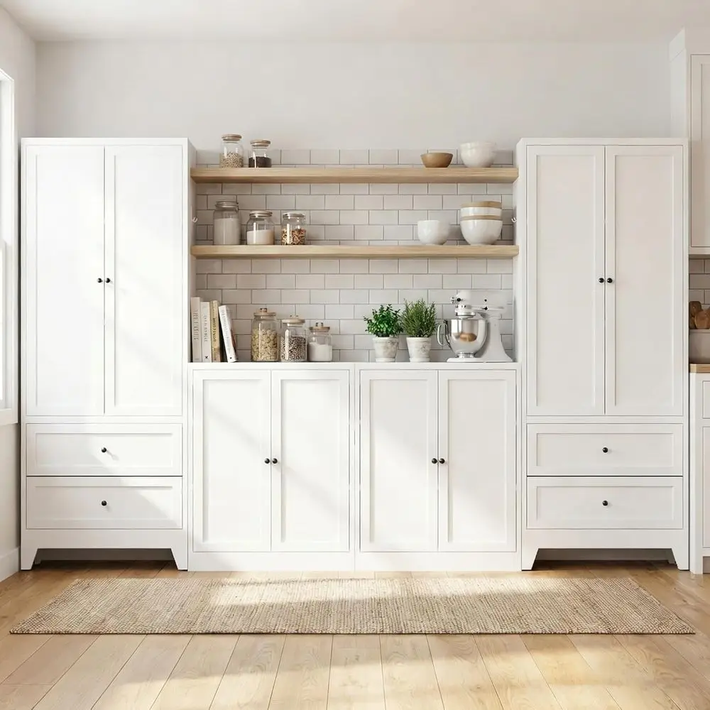 White 4-Piece Metal Sideboard and Pantry Set with Adjustable Shelves for Living Room and Kitchen
White 4-Piece Metal Sideboard and Pantry Set with Adjustable Shelves for Living Room and Kitchen