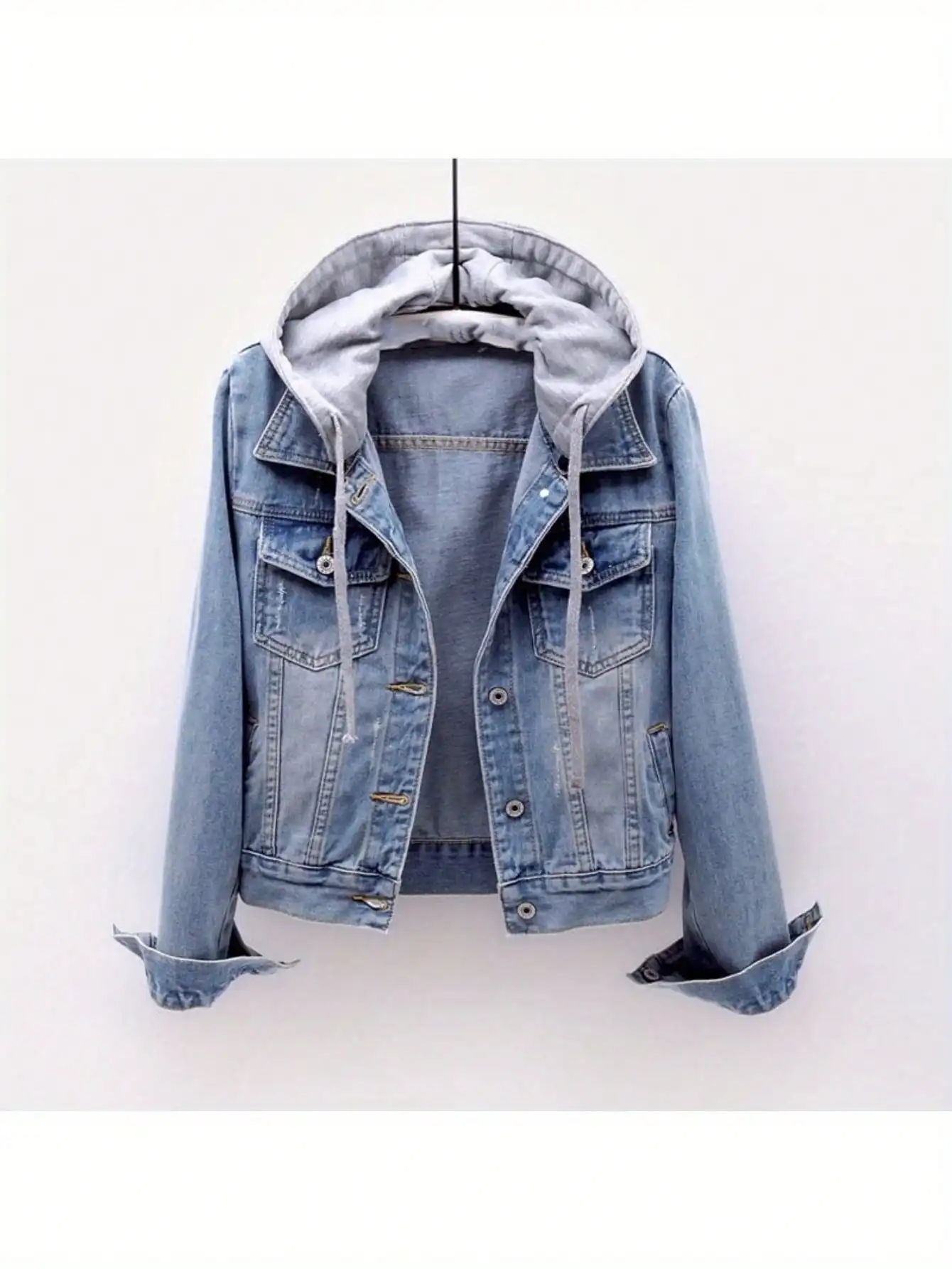 Women's Hooded Denim Jacket with Removable Hood, Cropped Fit, Spring Autumn Casual Wear
Women's Hooded Denim Jacket with Removable Hood, Cropped Fit, Spring Autumn Casual Wear