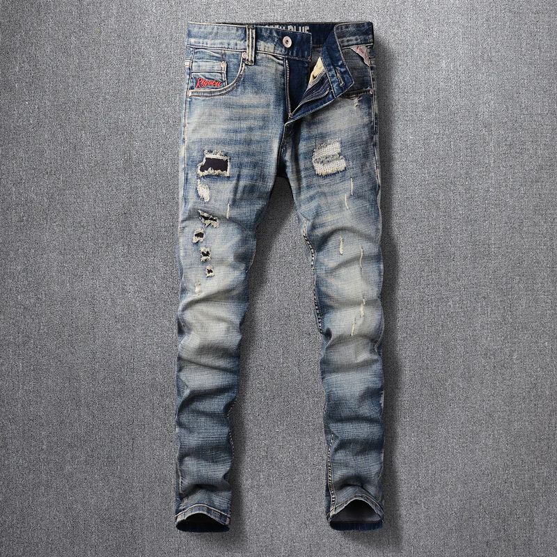 Fashion Designer Men Jeans High Quality Retro Blue Elastic Slim Fit Ripped Jeans Men Hole Patched Vintage Denim Pants Hombre
Fashion Designer Men Jeans High Quality Retro Blue Elastic Slim Fit Ripped Jeans Men Hole Patched Vintage Denim Pants Hombre