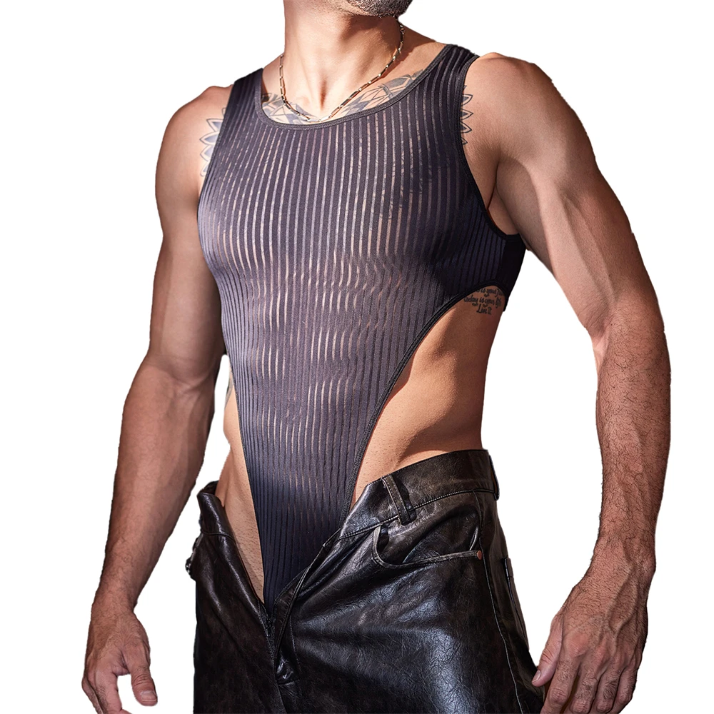 Fashion Casual Bodysuits Mens Striped Mesh Splicing Side High Slit Triangle Jumpsuits Sexy Male Homewear Sleeveless Jumpsuits
Fashion Casual Bodysuits Mens Striped Mesh Splicing Side High Slit Triangle Jumpsuits Sexy Male Homewear Sleeveless Jumpsuits