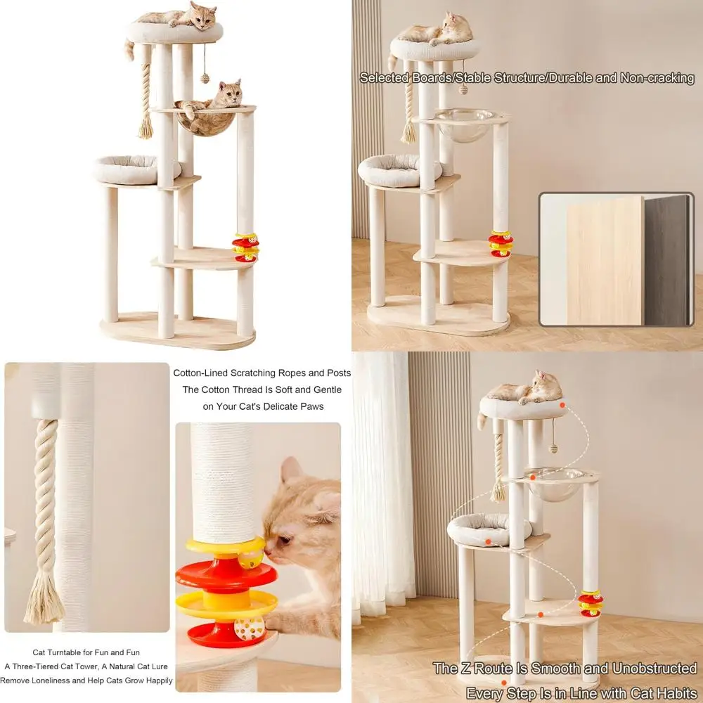 "multi-level cat activity center with scratching post, hammock, perch, and toy balls"
"multi-level cat activity center with scratching post, hammock, perch, and toy balls"