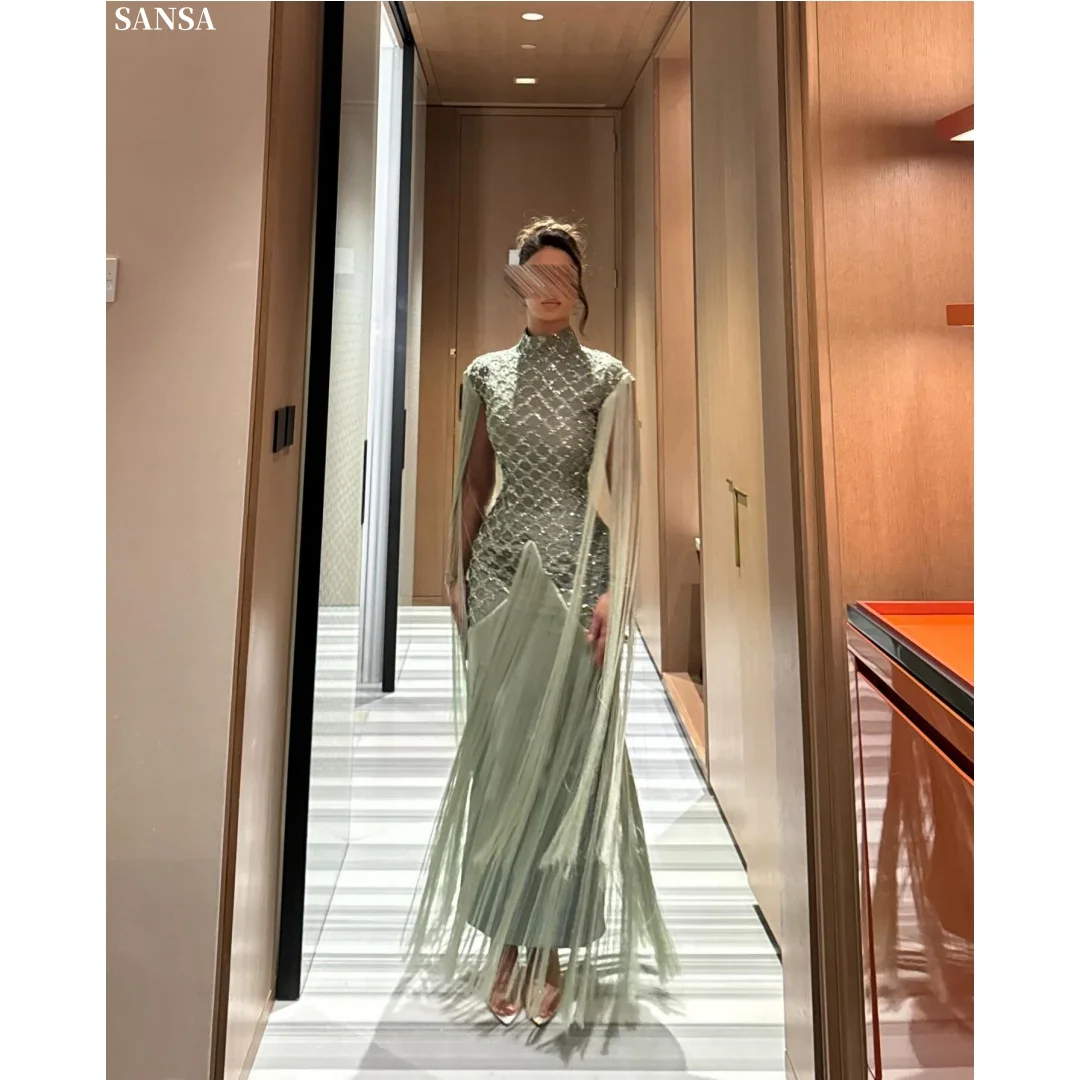 Sansa Customized Elegant Sage Green Tulle Formal Dresses High Neck Lace Applique Tassel Evening Gowns Vestidos De Noche 2026
Sansa Customized Elegant Sage Green Tulle Formal Dresses High Neck Lace Applique Tassel Evening Gowns Vestidos De Noche 2026
