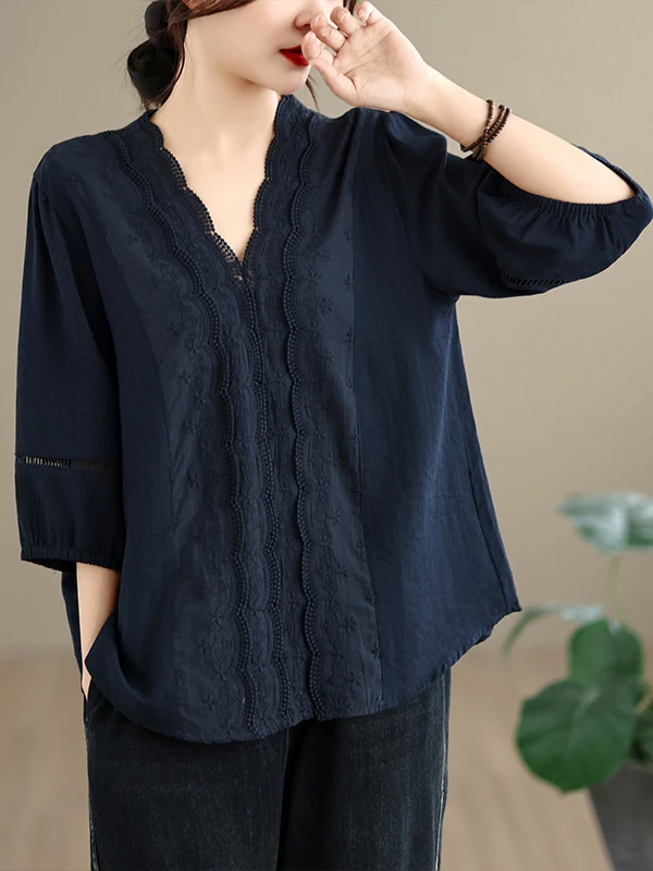 Slimming V-neck Hollow out Lace Loose Fit Shirt French Style Cotton Blend Casual Wear Full Sleeve Five Button Closure
Slimming V-neck Hollow out Lace Loose Fit Shirt French Style Cotton Blend Casual Wear Full Sleeve Five Button Closure