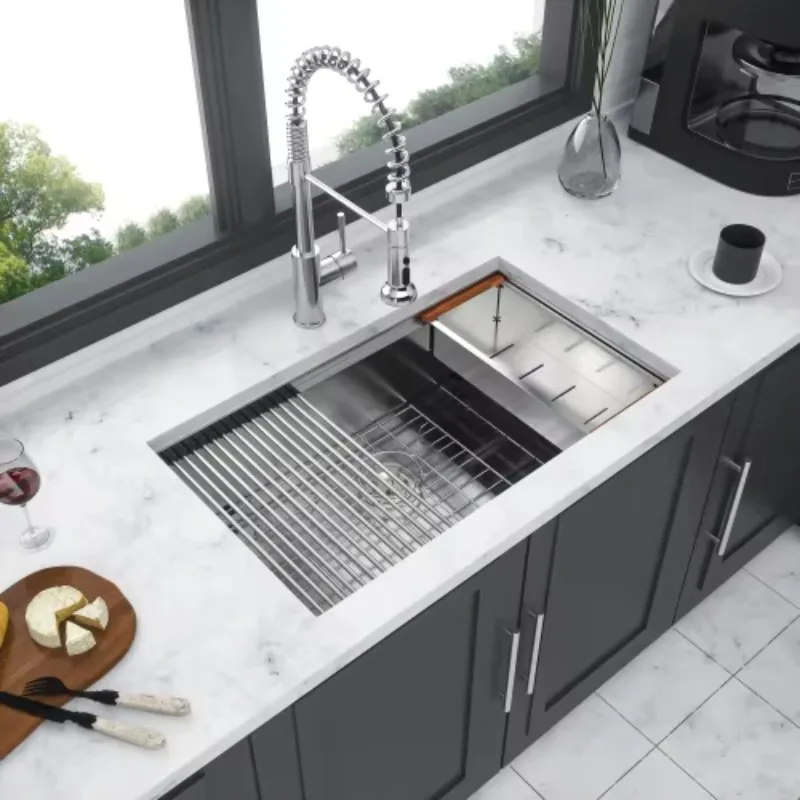 ATVModern Noise Reducing Undermount Kitchen Sink 33x19 Inch, American Modern 304 Stainless Steel Single Bowl With Drainboard
ATVModern Noise Reducing Undermount Kitchen Sink 33x19 Inch, American Modern 304 Stainless Steel Single Bowl With Drainboard