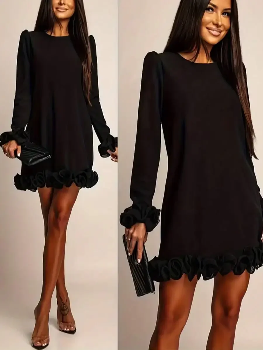 Womens Black A-Line Mini Dress With Ruffle Hem And Cuffs Elegant Spring
Womens Black A-Line Mini Dress With Ruffle Hem And Cuffs Elegant Spring