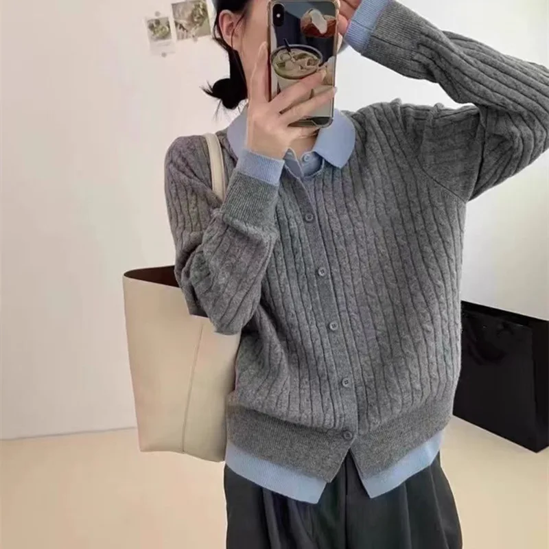 Splicing Collar Fake Two-piece Knitted Cardigan for Women in Spring Autumn Fashionable Elegant Loose Style Sweater Top
Splicing Collar Fake Two-piece Knitted Cardigan for Women in Spring Autumn Fashionable Elegant Loose Style Sweater Top