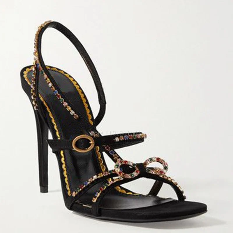 Gold Heels Crystal Inlaid Black Stiletto Sandals Colorful Butterfly Knot Bling String Design Round Slingback Fashion Sexy Shoes
Gold Heels Crystal Inlaid Black Stiletto Sandals Colorful Butterfly Knot Bling String Design Round Slingback Fashion Sexy Shoes